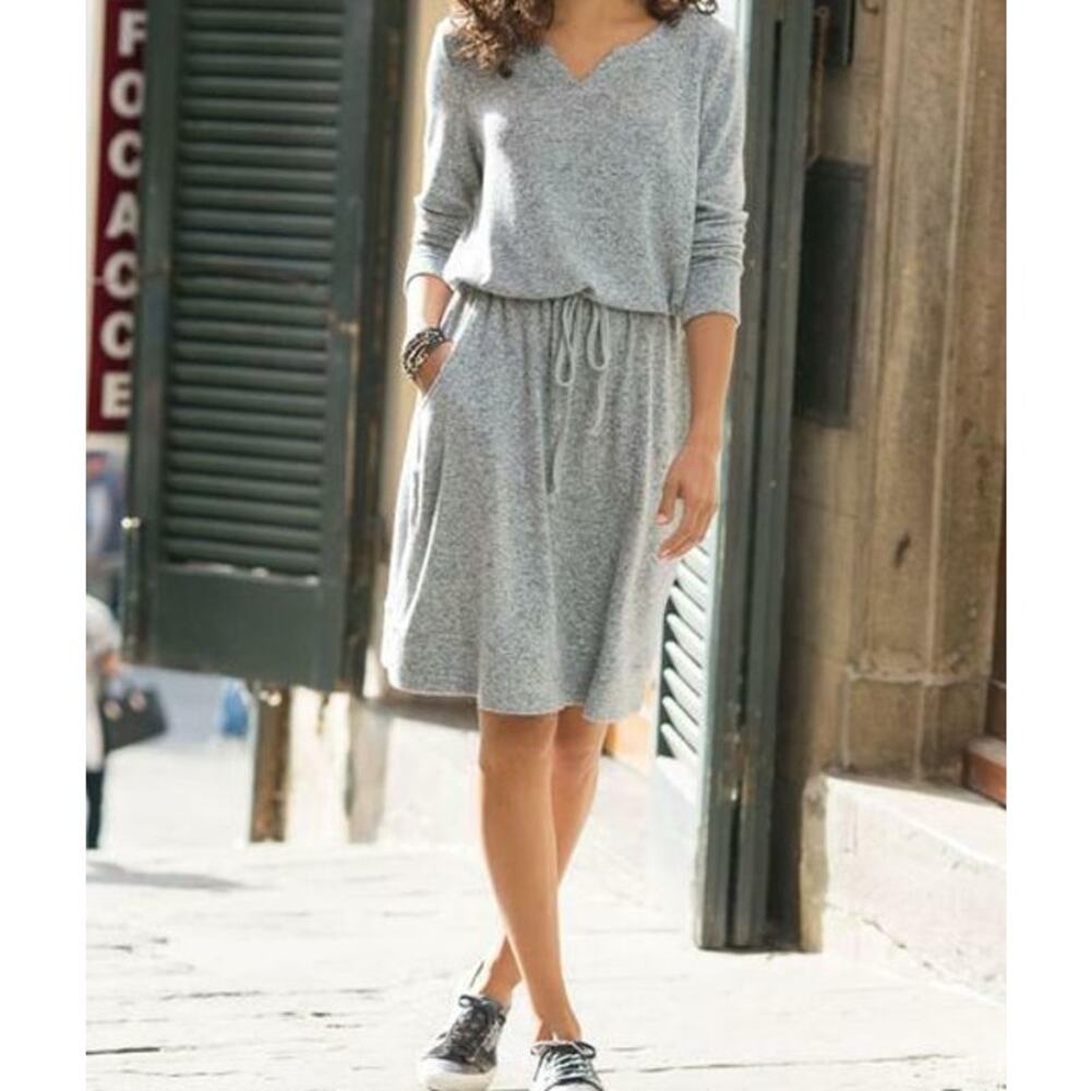 Soft Surroundings Easy Living Dress Blouson Drawstring Waist Pockets Knit Gray M